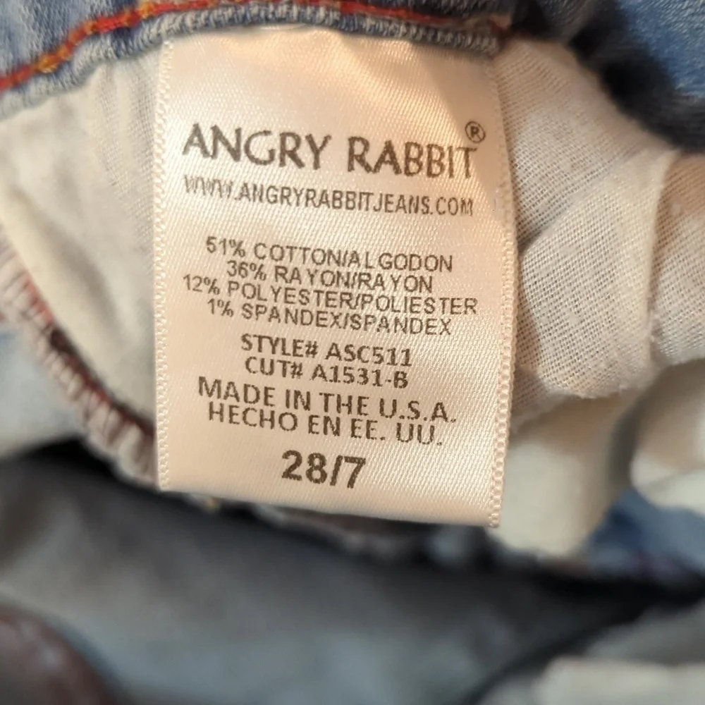 Light wash distressed skinny ankle jeans w/ stretch & raw hem, Angry Rabbit 28" - Picture 6 of 7